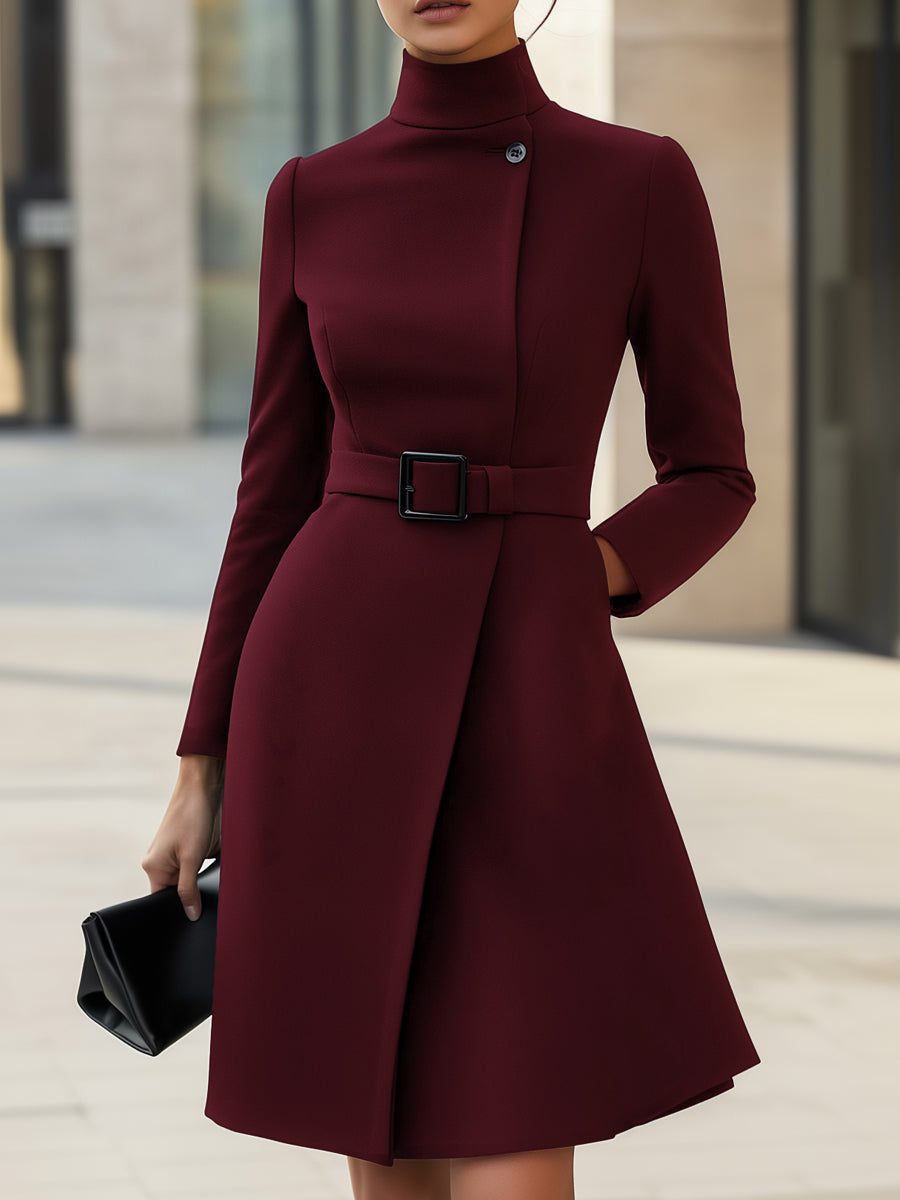 ELEGANT HIGH-NECK BELTED DRESS