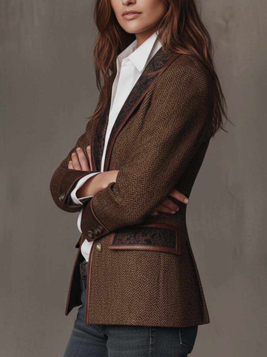 Odile – Herringbone Blazer with Embroidered Panels