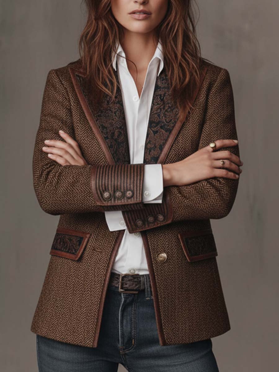 Odile – Herringbone Blazer with Embroidered Panels