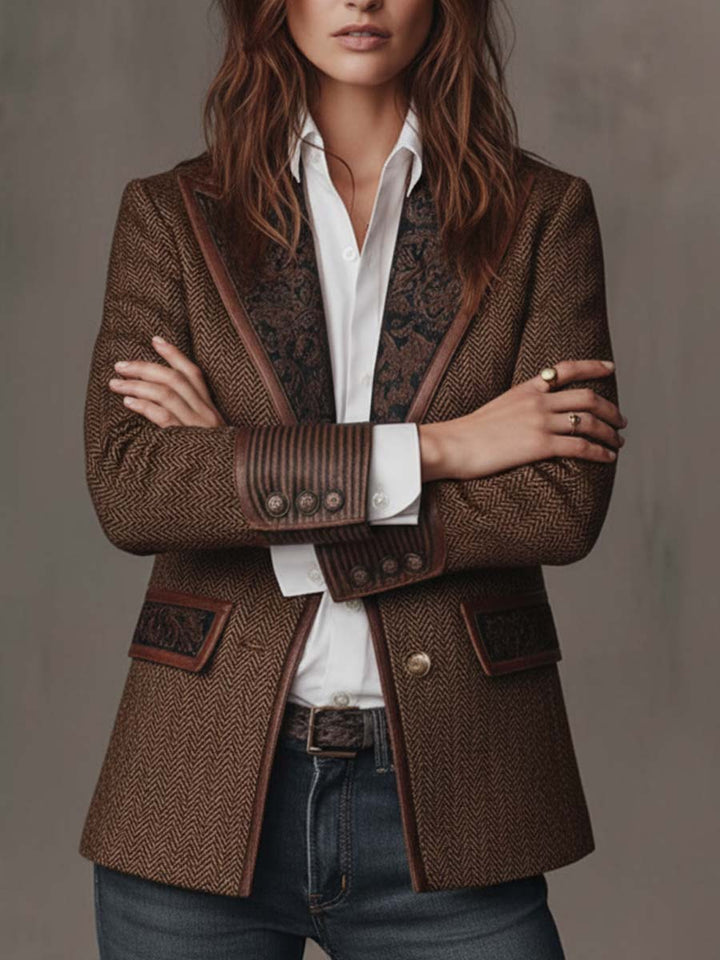 Odile – Herringbone Blazer with Embroidered Panels
