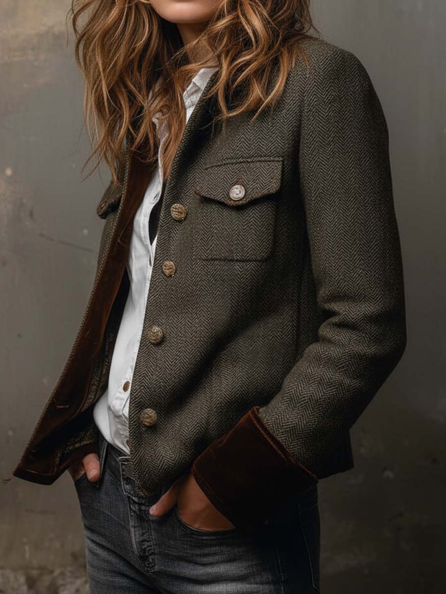 Diane – Vintage Khaki Blazer with Contrasting Details
