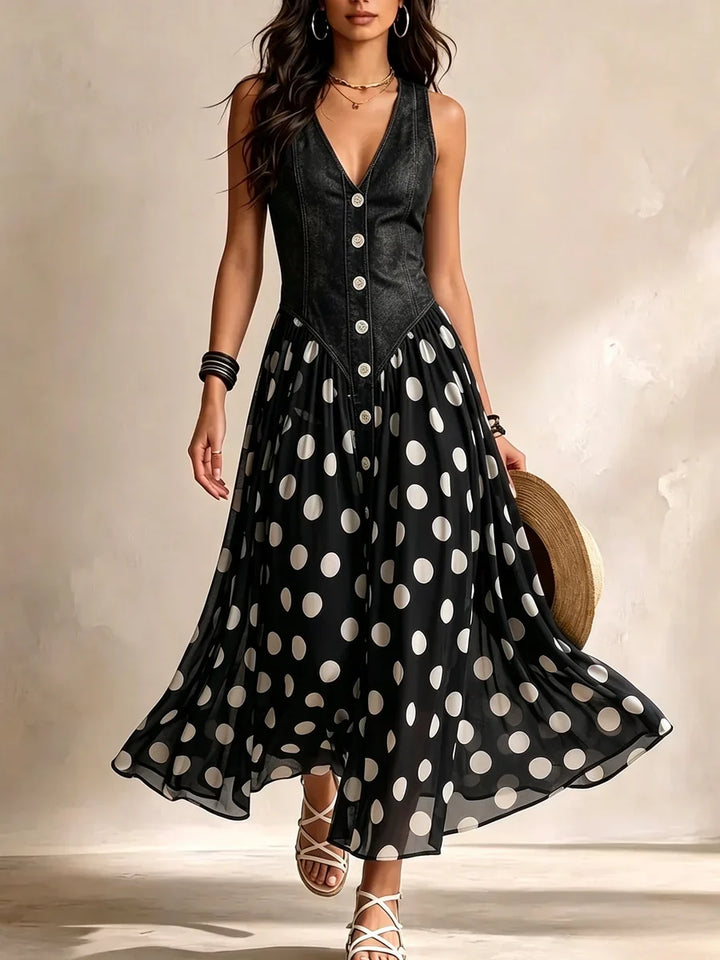 Adeline | Polka Dot Denim Maxi Dress