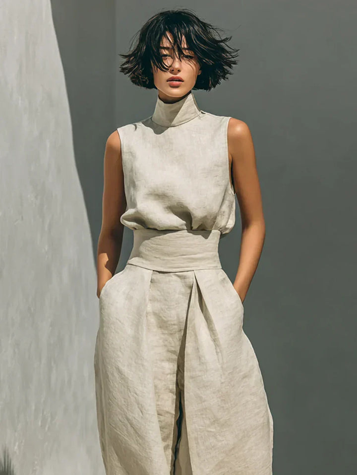 Flor™ | Minimalist set of tank top and wide-leg pants in cotton and linen for women