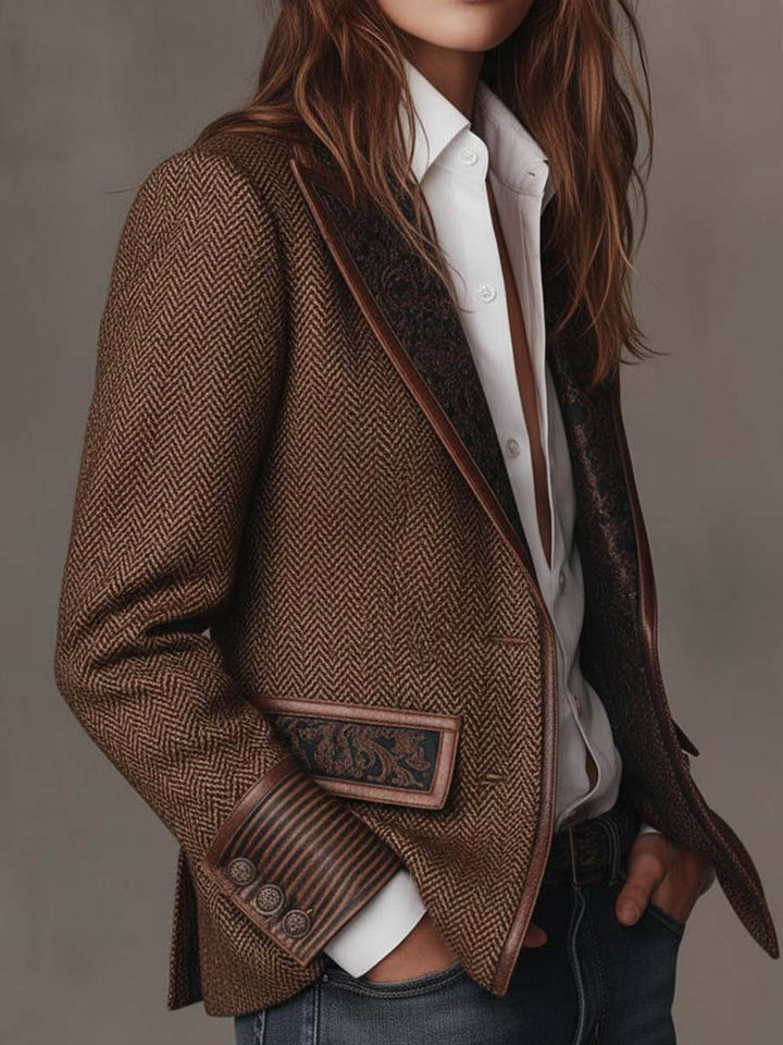 Odile – Herringbone Blazer with Embroidered Panels