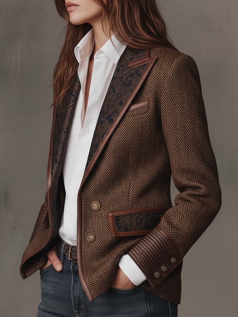 Odile – Herringbone Blazer with Embroidered Panels