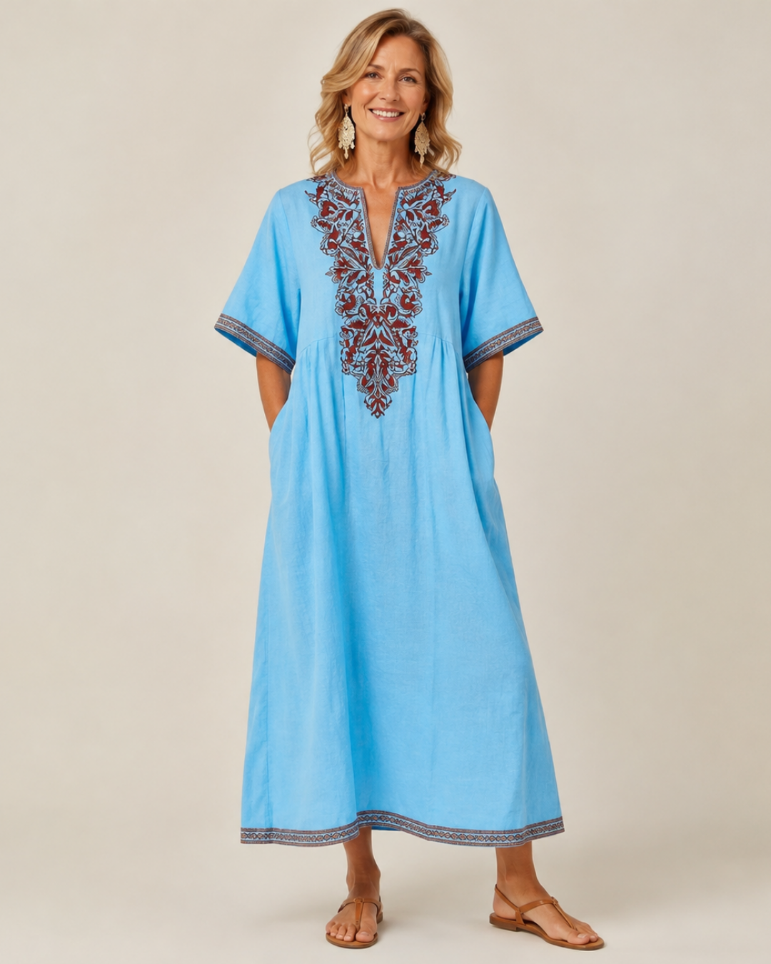 Willa | Linen Floral Embroidery Kaftan Dress