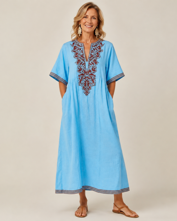 Willa | Linen Floral Embroidery Kaftan Dress