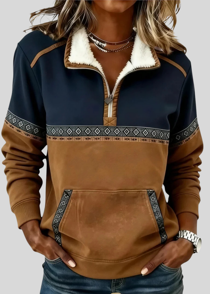 AMELIA | Half-zip pullover with sherpa collar - Blue Brown