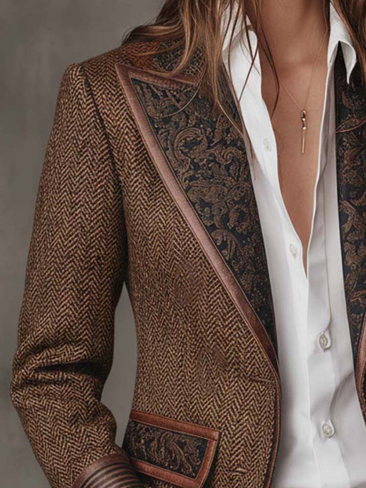 Odile – Herringbone Blazer with Embroidered Panels