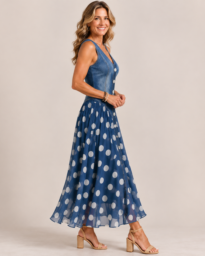 Jasmin - Denim Dress With Polka Dot Chiffon Skirt