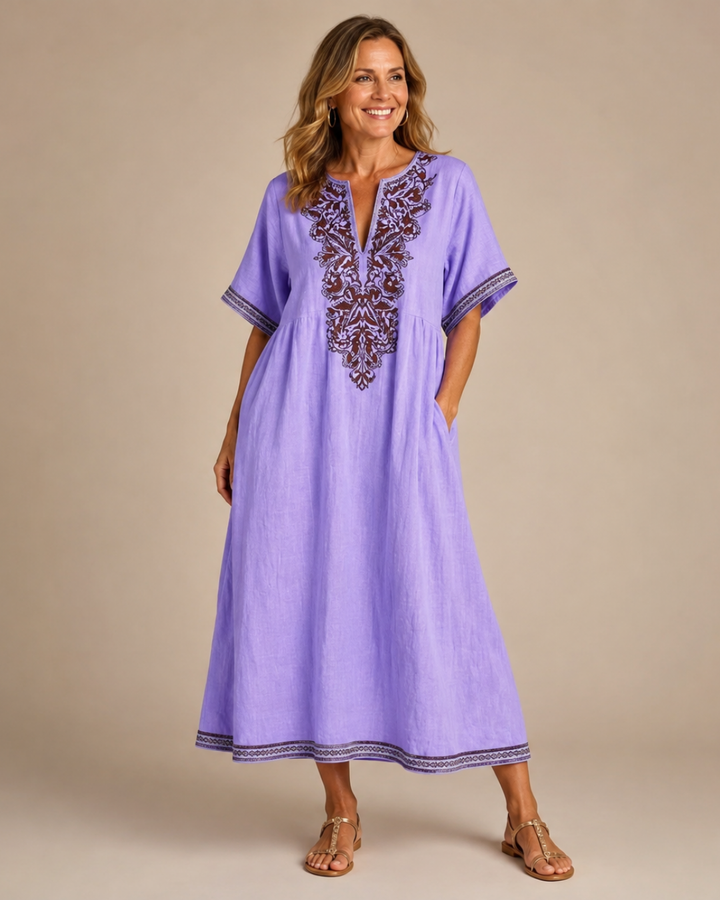 Willa | Linen Floral Embroidery Kaftan Dress