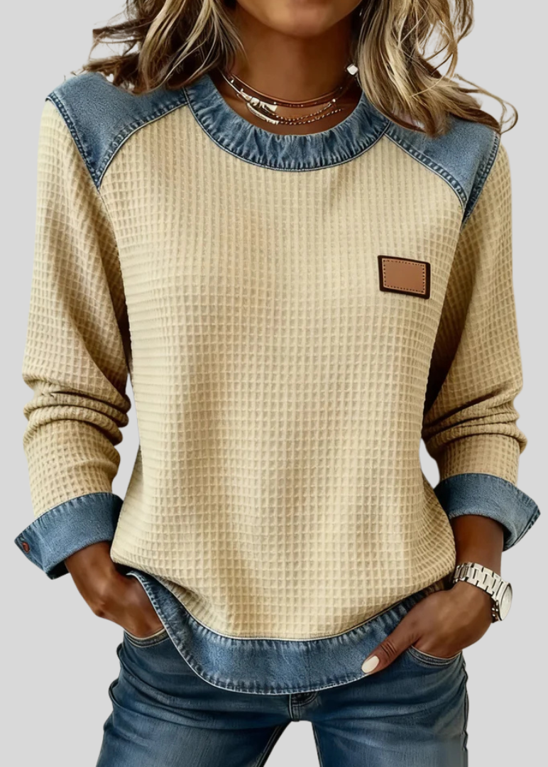 KARA | Waffle sweatshirt with patchwork trim - Apricot