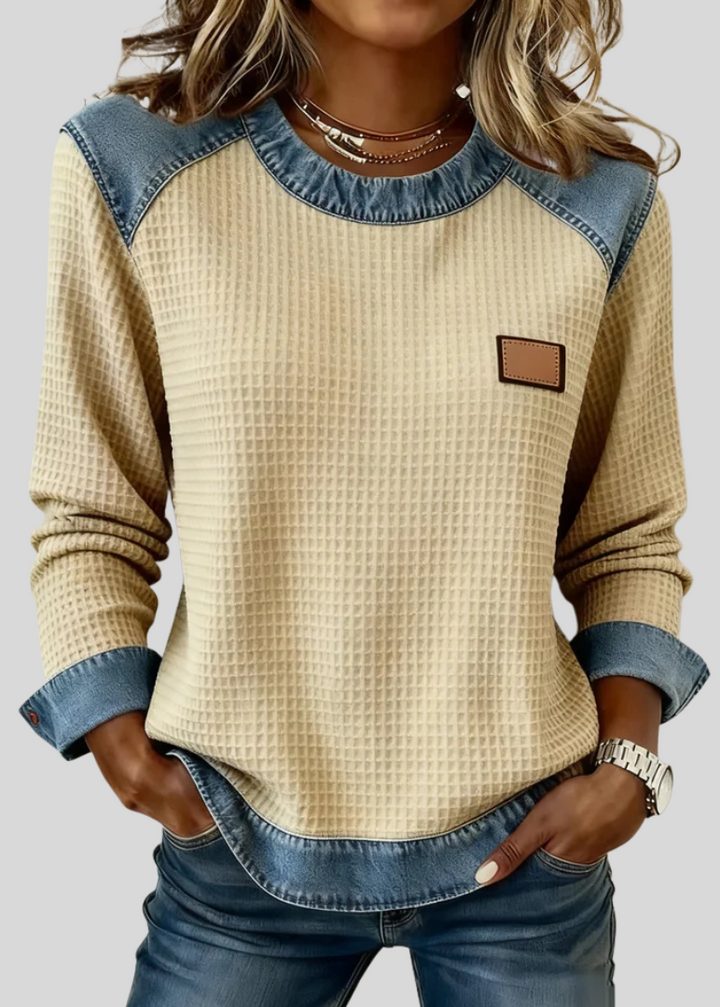 KARA | Waffle sweatshirt with patchwork trim - Apricot