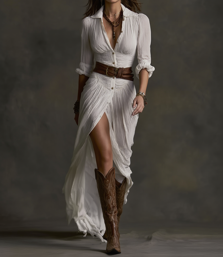 Aurore | Linen Long Dress with Reverse Collar