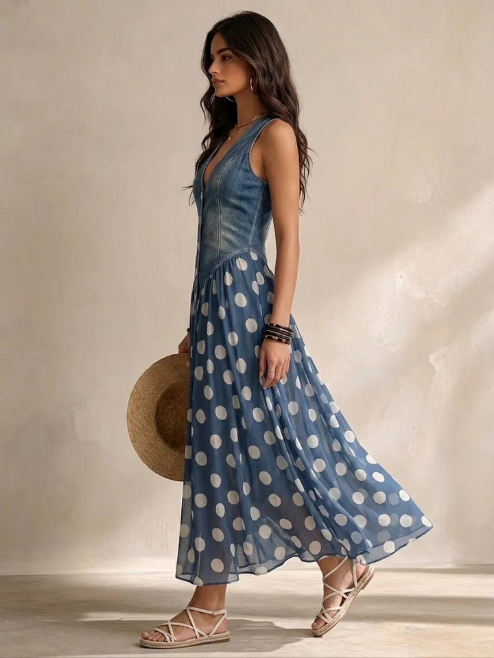Adeline | Polka Dot Denim Maxi Dress