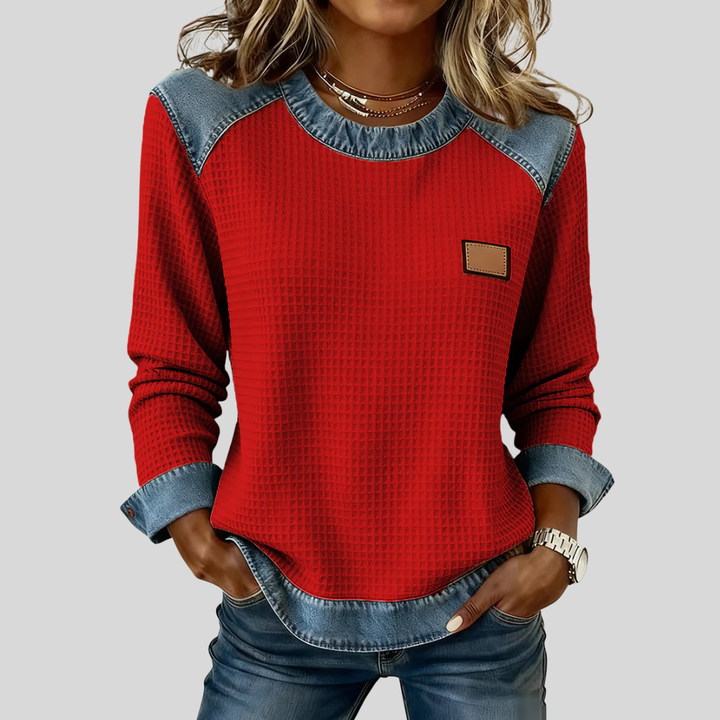 KARA | Waffle sweatshirt with patchwork trim - Red