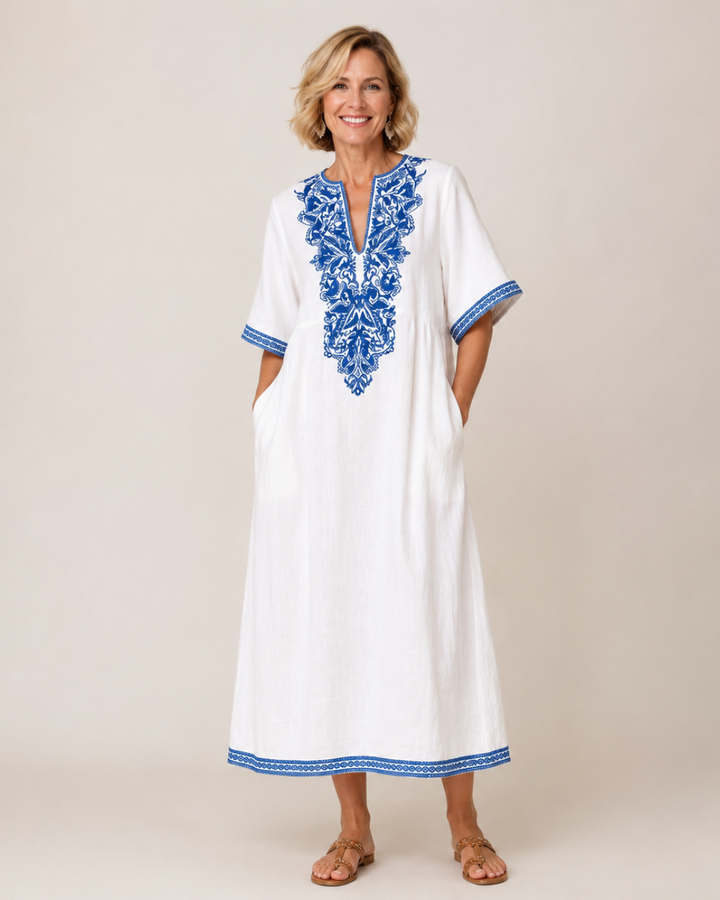 Willa | Linen Floral Embroidery Kaftan Dress