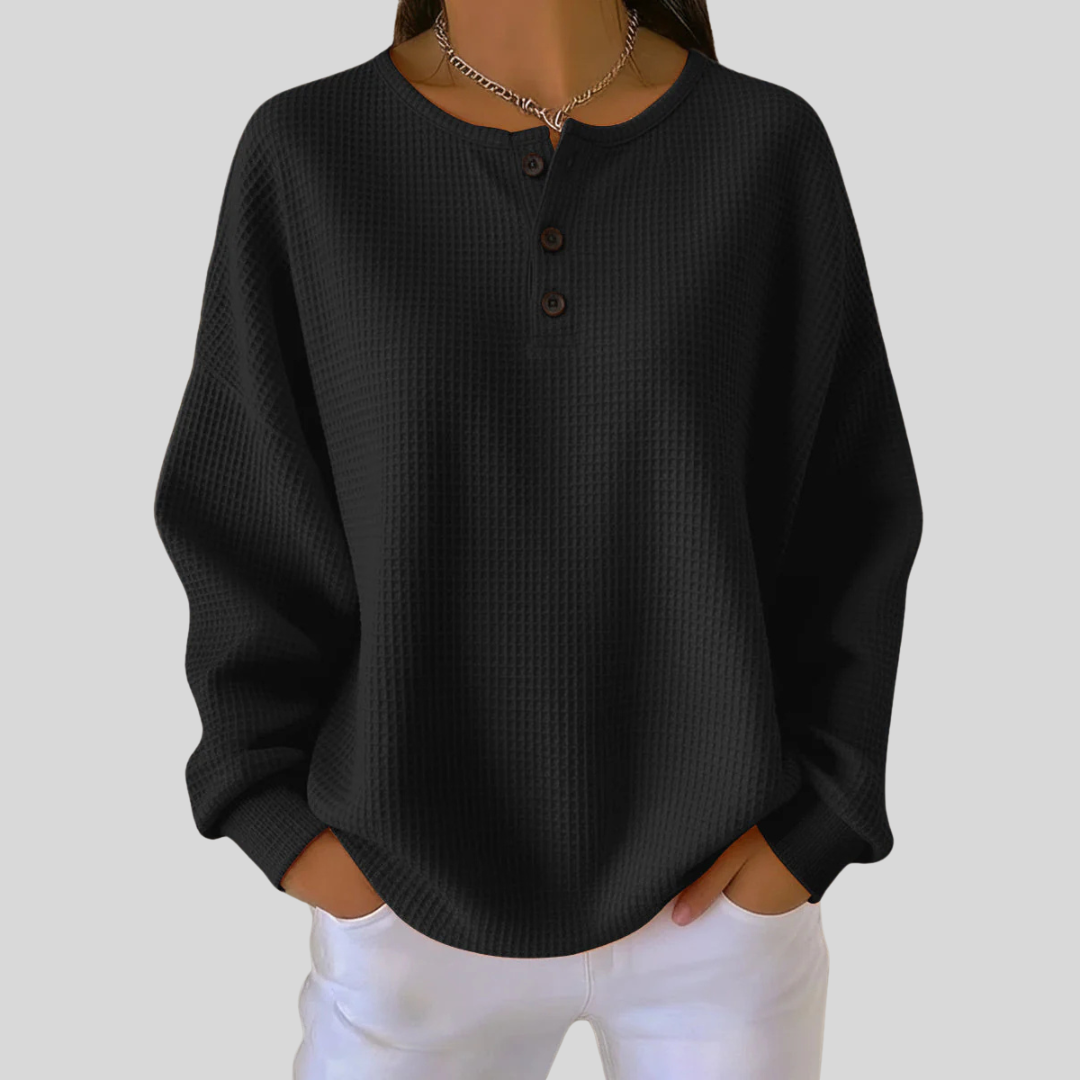 JUNE | Henley sweatshirt with waffle texture - Black