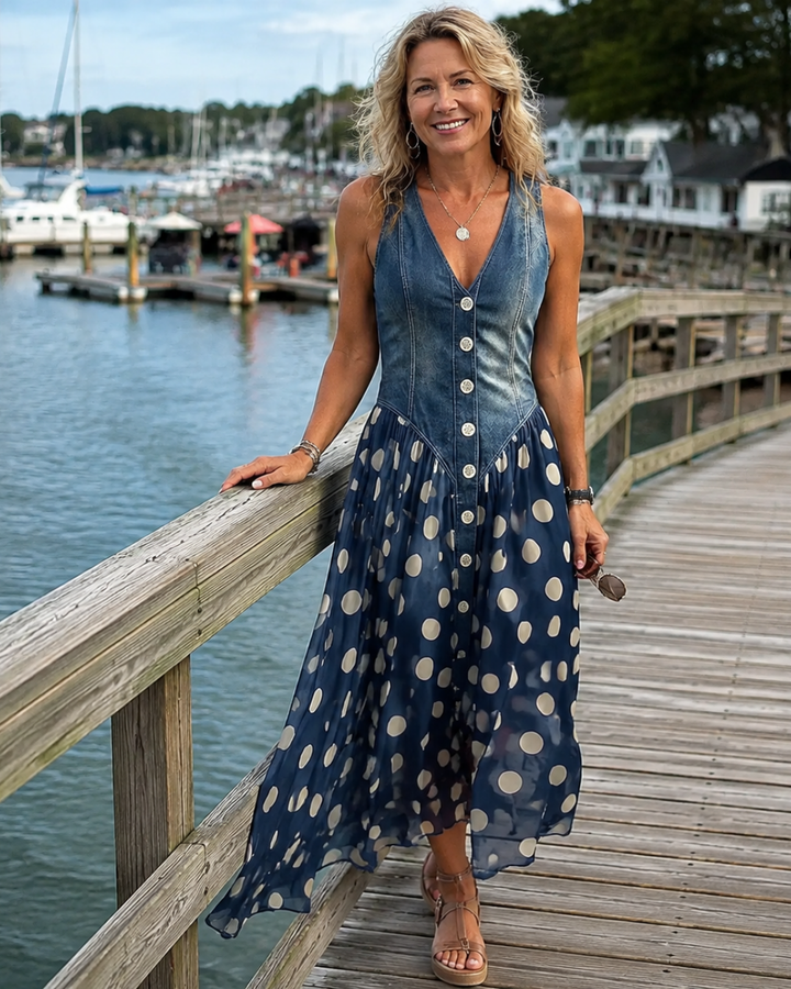 Jasmin - Denim Dress With Polka Dot Chiffon Skirt