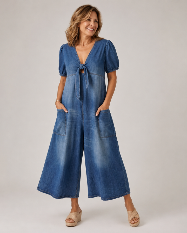 ROWANVALE TIE-FRONT DENIM JUMPSUIT