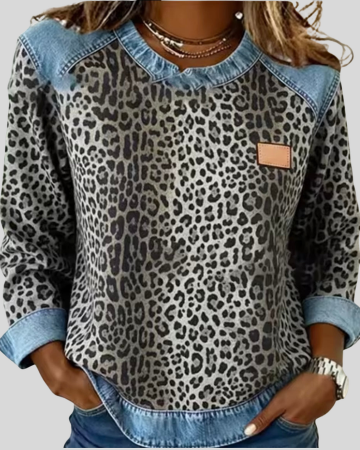 EMMA | Leopard print sweater with denim-look collar - Gray