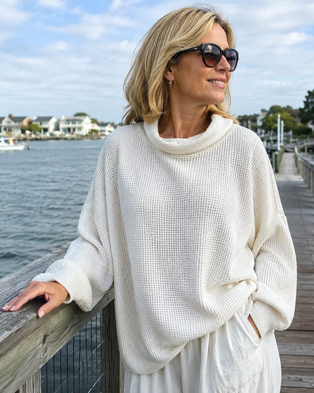 Margot | Waffle-Knit Oversized Cowl Neck Top