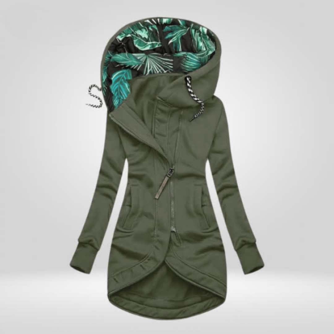 Edith – Hooded Coat with Leaf-Print Lining