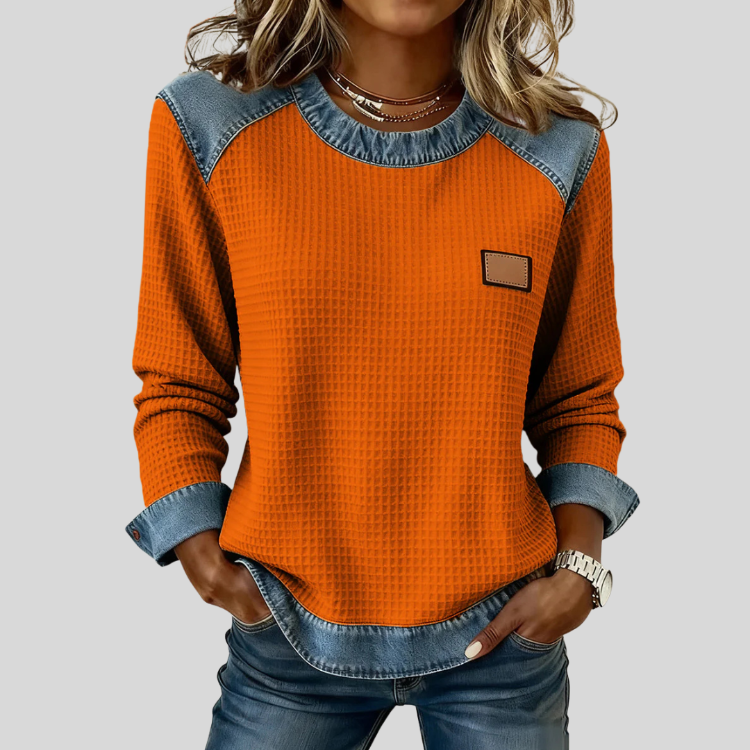 KARA | Waffle sweatshirt with patchwork trim - Orange