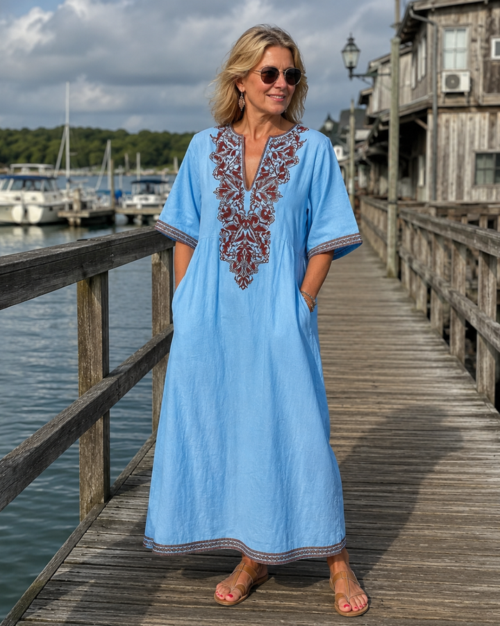 Willa | Linen Floral Embroidery Kaftan Dress