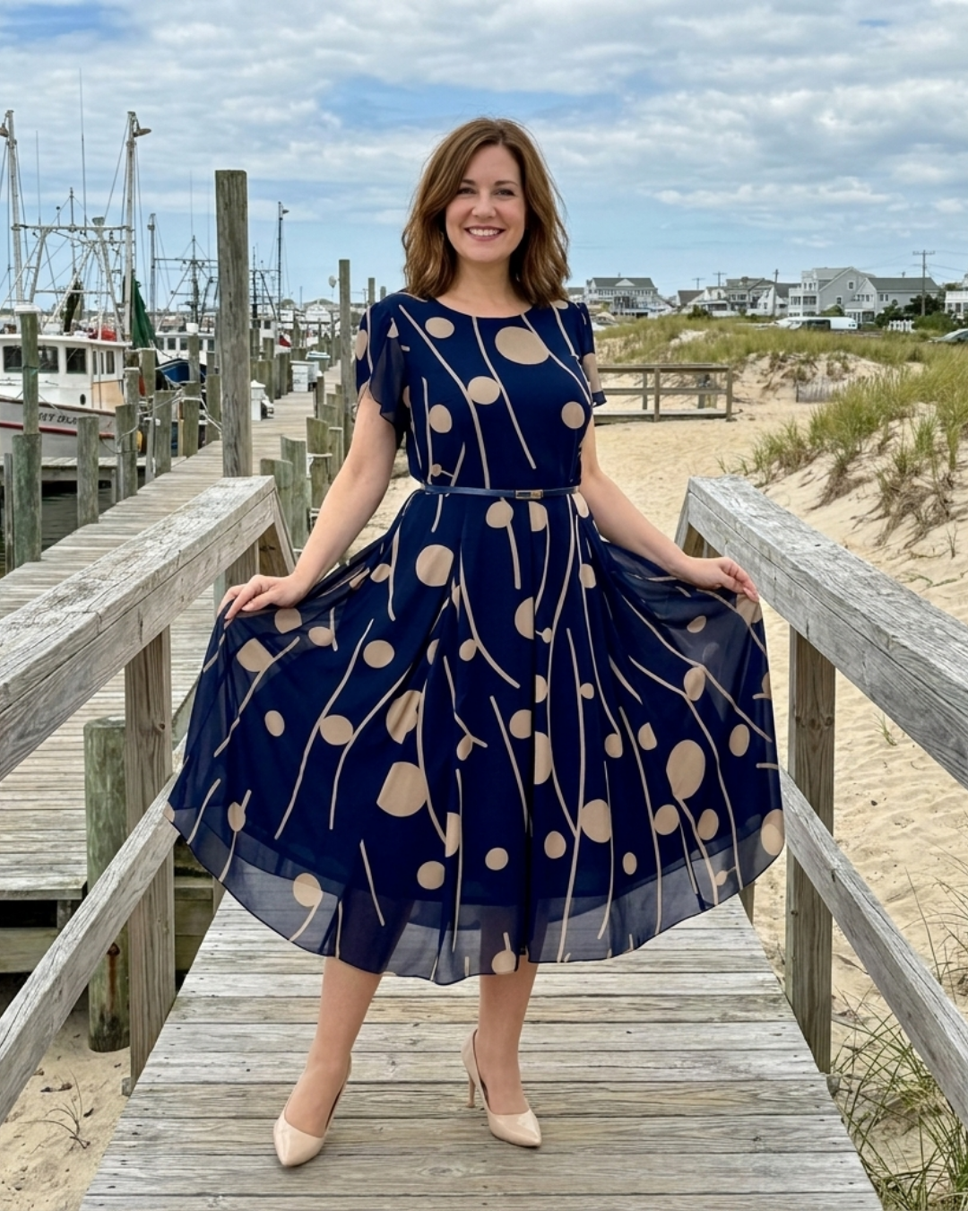IVY | NAVY POLKA DOT PRINT CHIFFON MIDI DRESS