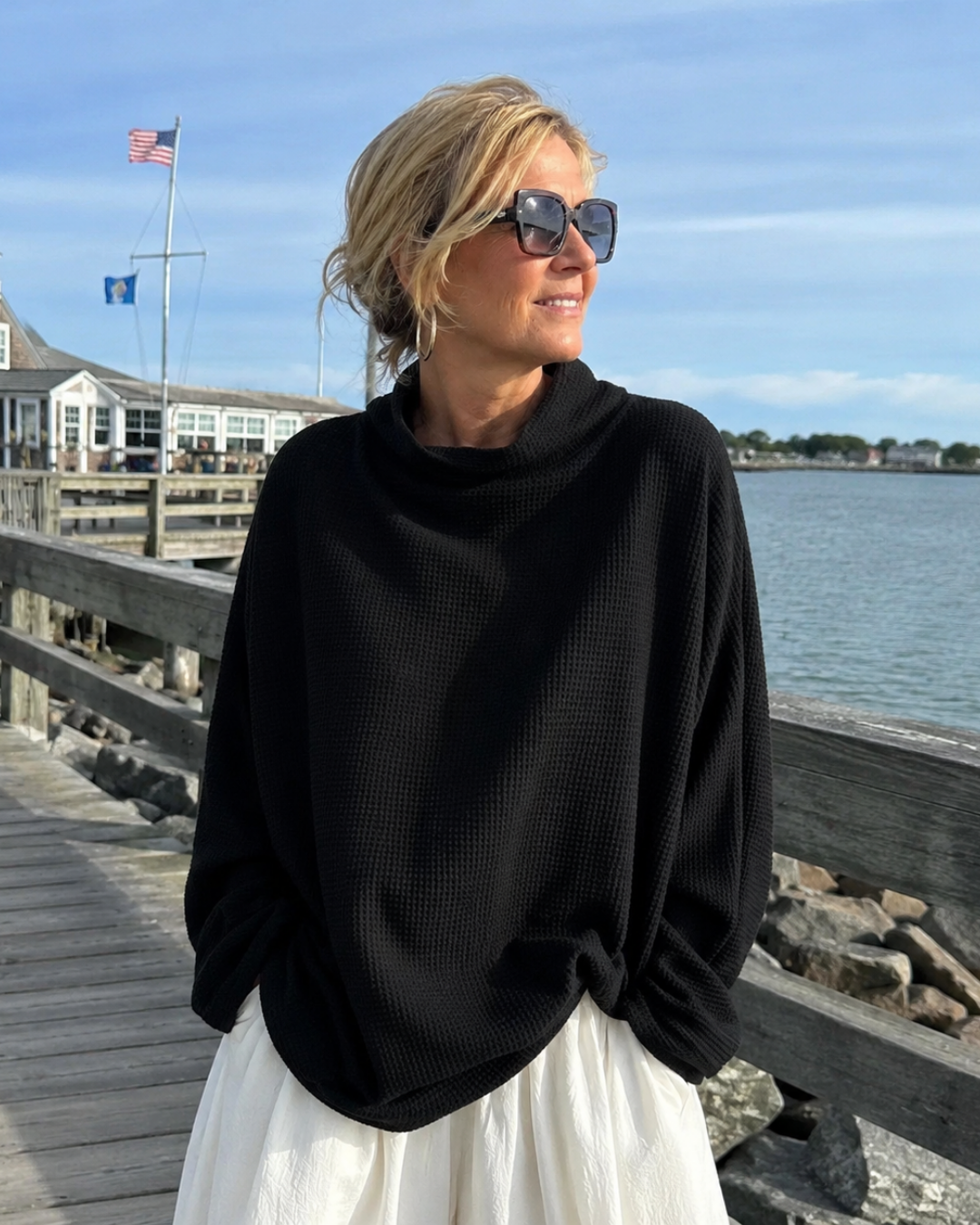 Margot | Waffle-Knit Oversized Cowl Neck Top