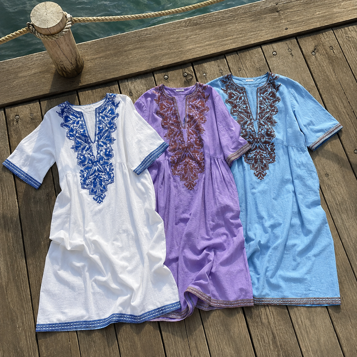 Willa | Linen Floral Embroidery Kaftan Dress