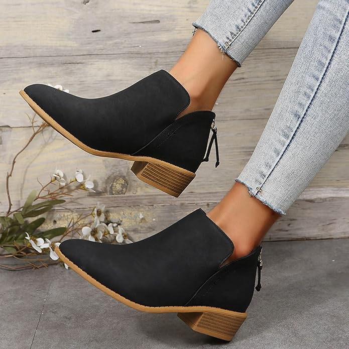 Roxane – Block Heel Ankle Boots with Back Zip