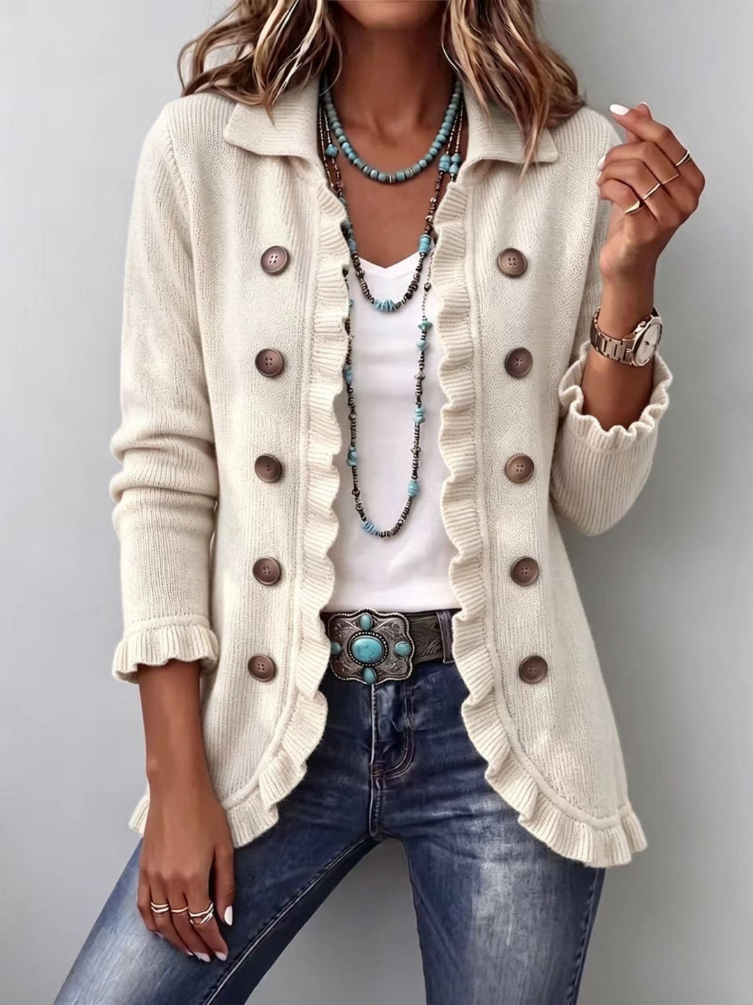 Adeline | Ivory Ribbed Knit Ruffle Jacket