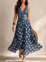 Adeline | Polka Dot Denim Maxi Dress