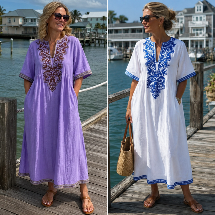 Willa | Linen Floral Embroidery Kaftan Dress
