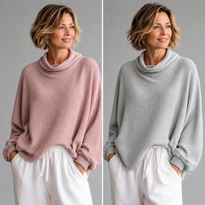 Margot | Waffle-Knit Oversized Cowl Neck Top