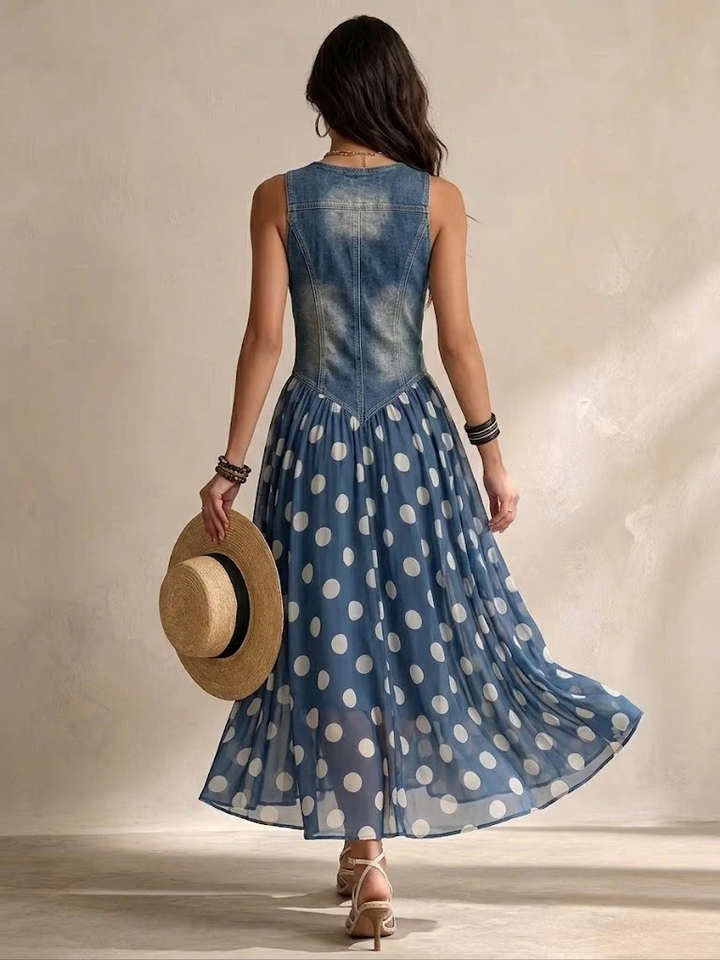 Adeline | Polka Dot Denim Maxi Dress