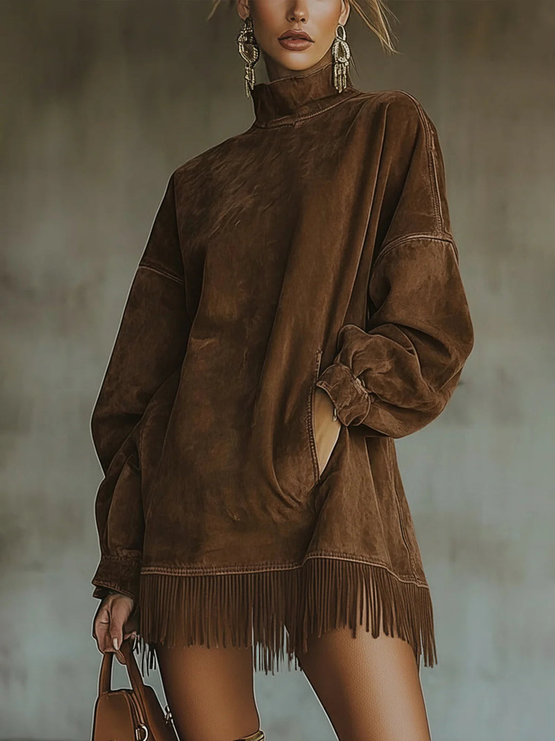 Gabrielle | Faux Suede Turtleneck Fringe Dress