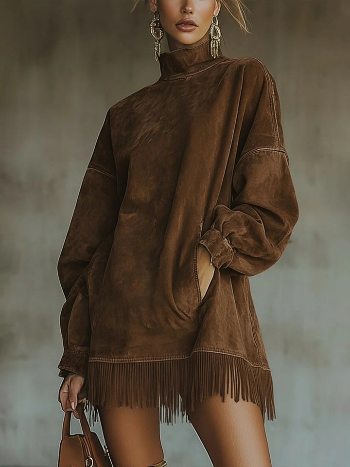 Gabrielle | Faux Suede Turtleneck Fringe Dress