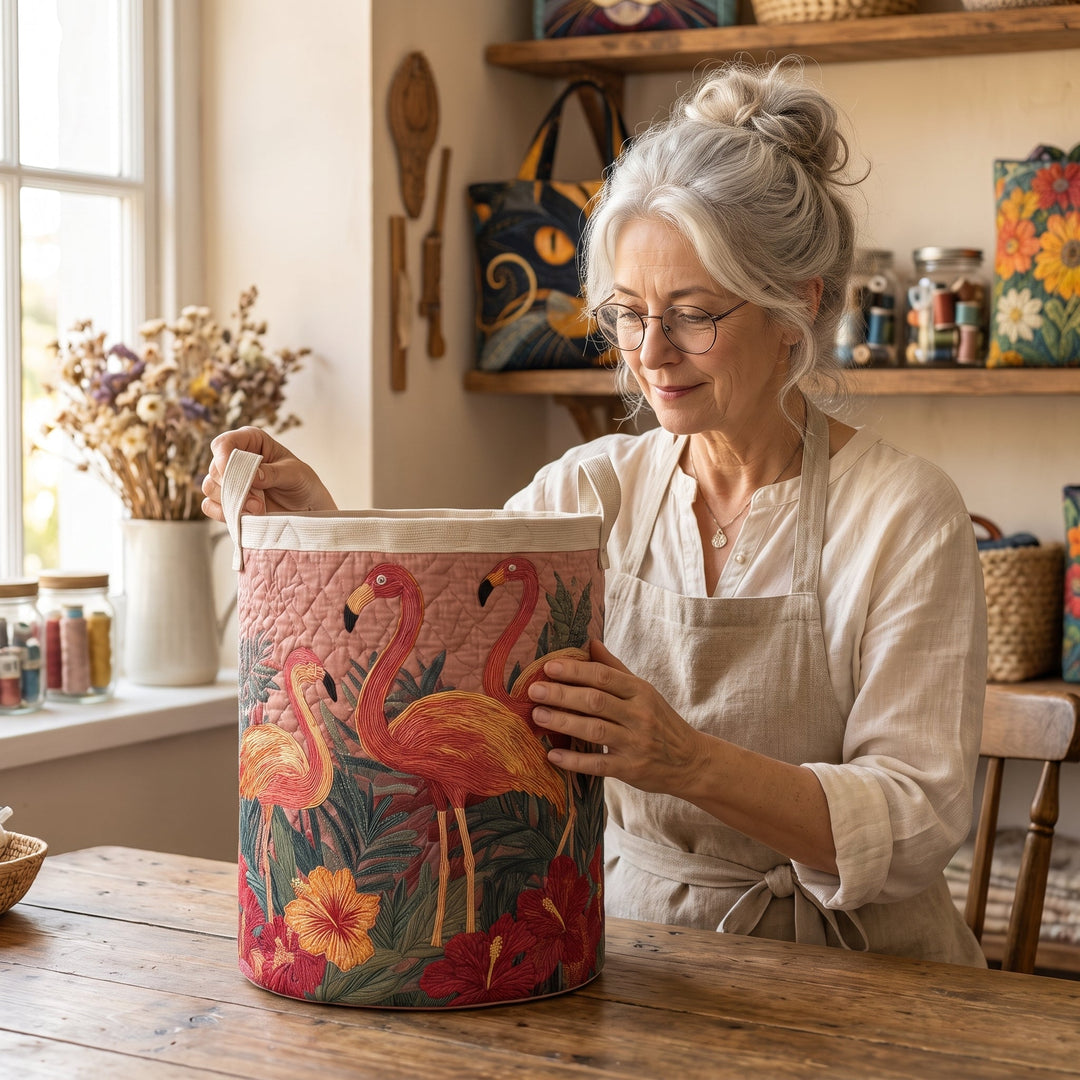 Flamingos in the Sun | Hand-Quilted Laundry Basket