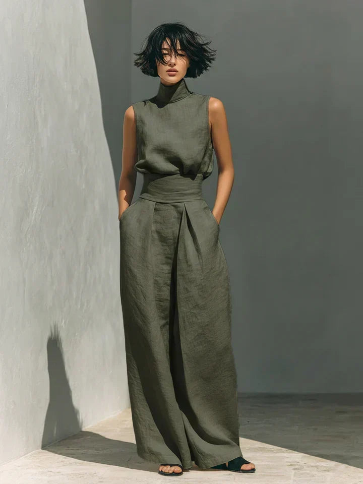 Flor™ | Minimalist set of tank top and wide-leg pants in cotton and linen for women