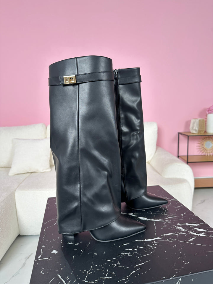 Hélène – Black Leather Knee-High Boots with Buckle