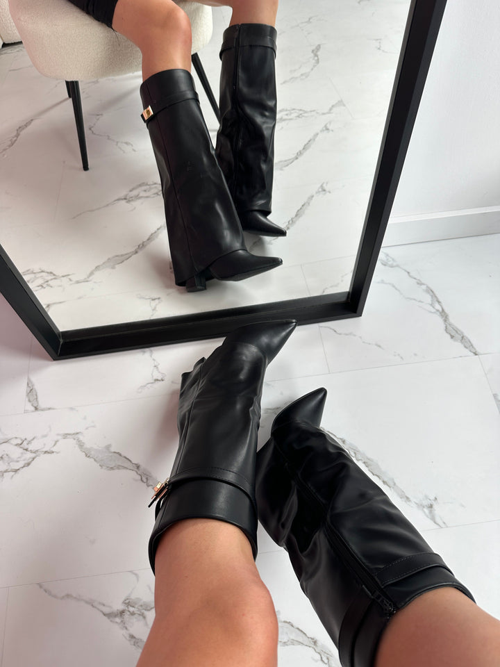 Hélène – Black Leather Knee-High Boots with Buckle