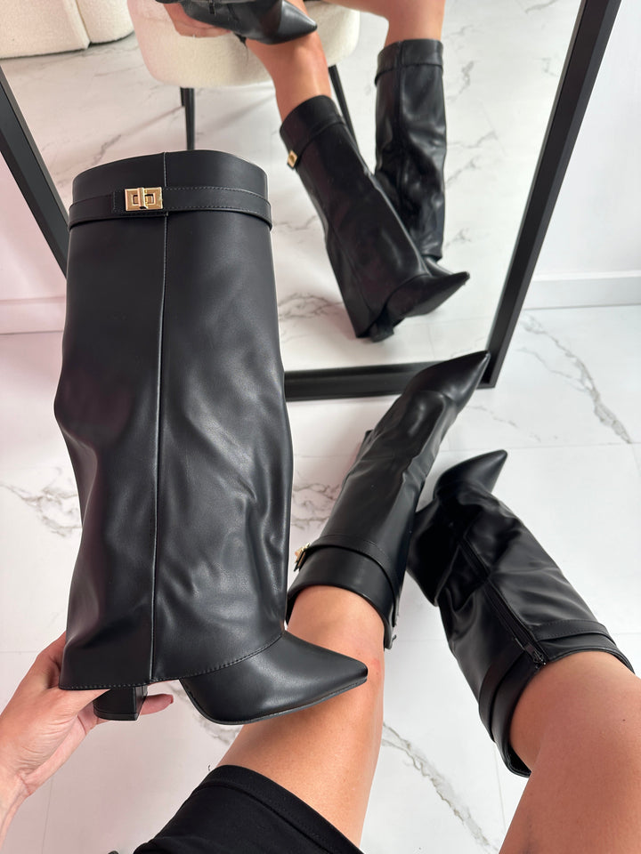 Hélène – Black Leather Knee-High Boots with Buckle