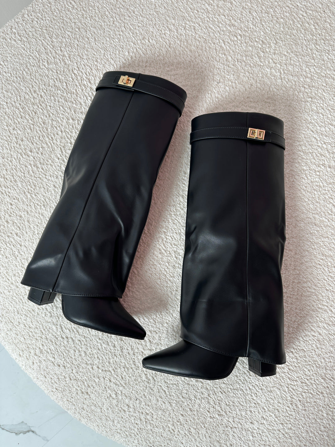 Hélène – Black Leather Knee-High Boots with Buckle