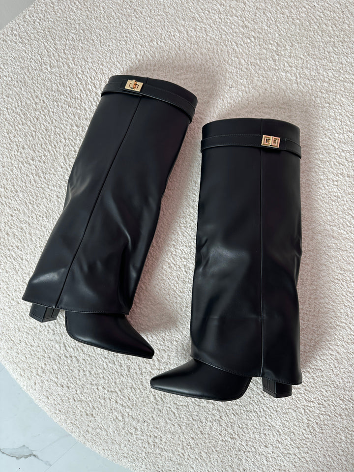 Hélène – Black Leather Knee-High Boots with Buckle