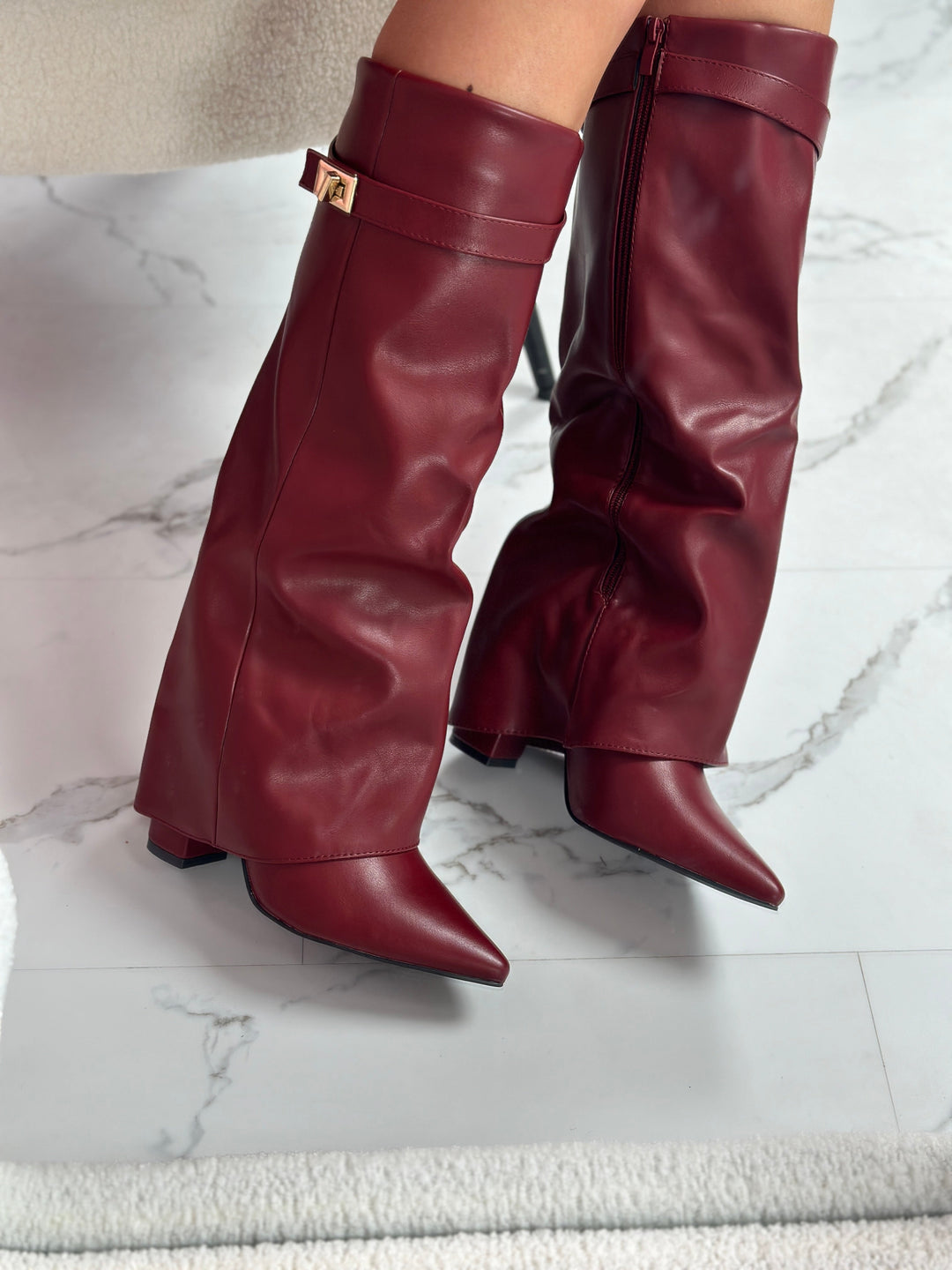 Éloïse – Burgundy Leather Knee-High Boots with Buckle