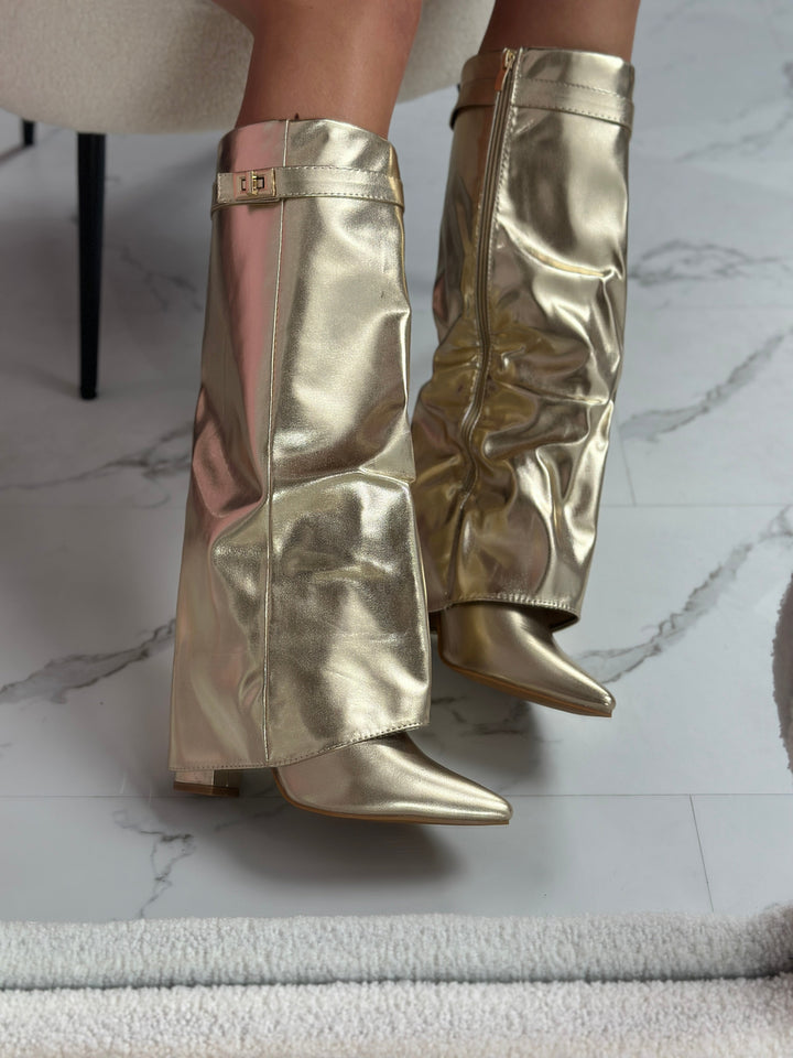Séraphine – Gold Knee-High Boots with Pointed Toe