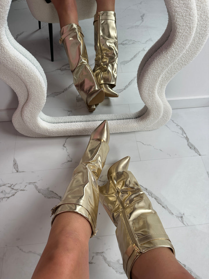 Séraphine – Gold Knee-High Boots with Pointed Toe